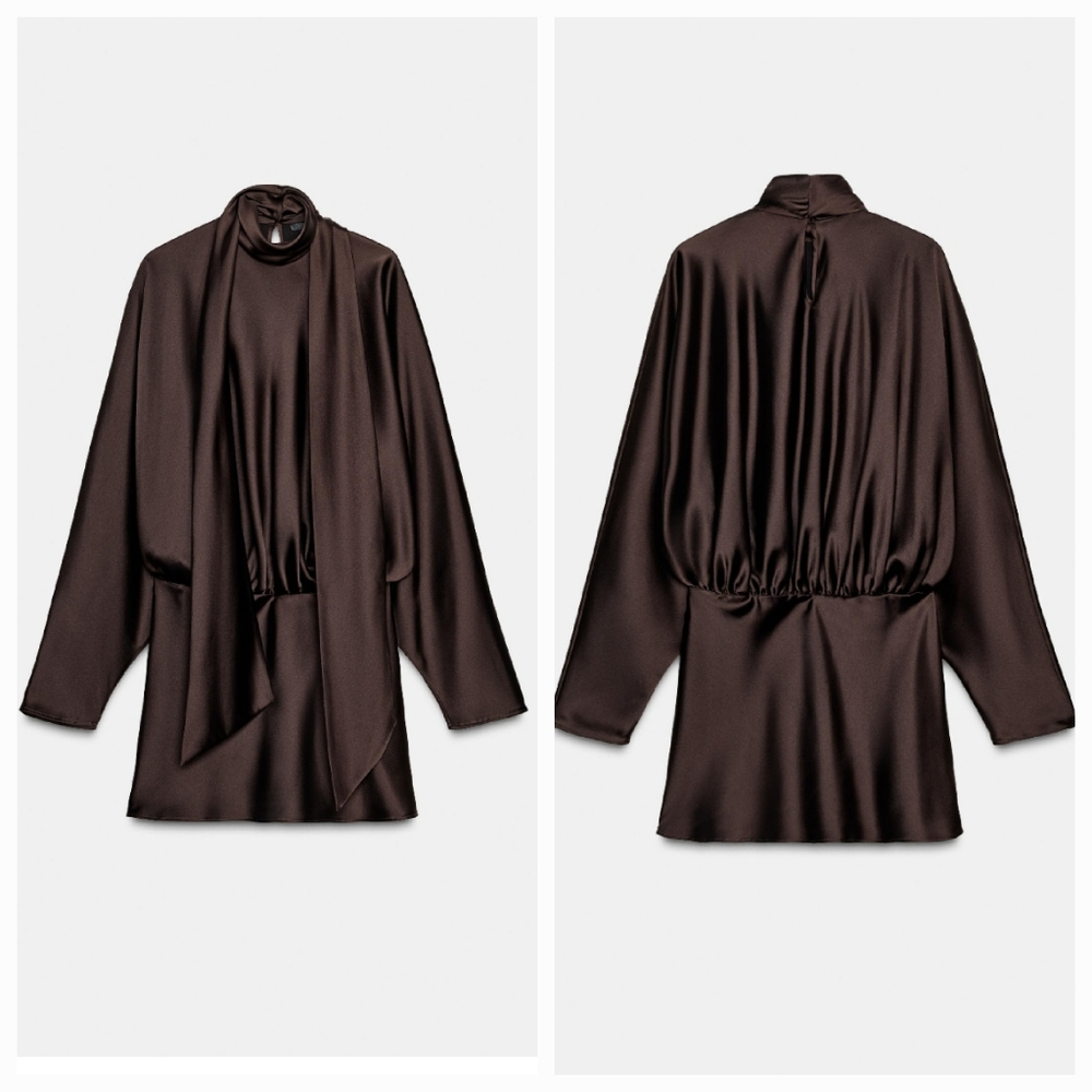 Zara Satin Effect Scarf Dress Brown NWT - Picture 12 of 15
